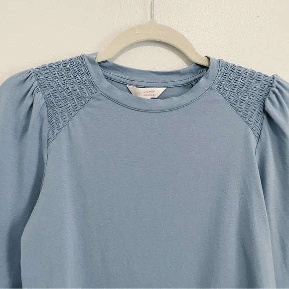 LC Lauren Conrad Smocked Long Sleeve Top Jersey Blouse Blue Ruffle Sleeve Sz XS - Picture 4 of 6